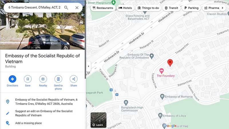 Hình ảnh google map đại sứ quán Việt Nam tại Canberra